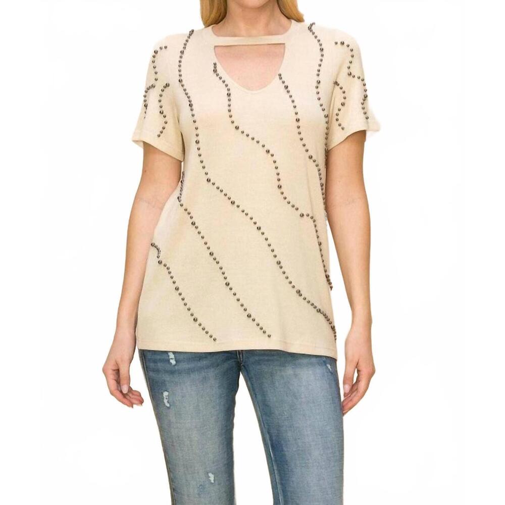 NEW VOCAL APPAREL choker neckline keyhole top in taupe